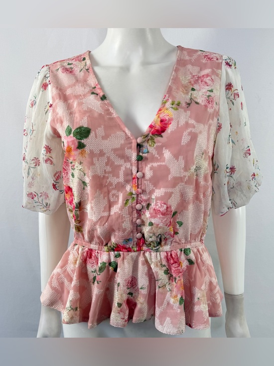 HEMANT & NANDITA Tops - Hemant & Nandita Pink Rose Garden Floral Peplum Blouse Size S Coquette Romantic